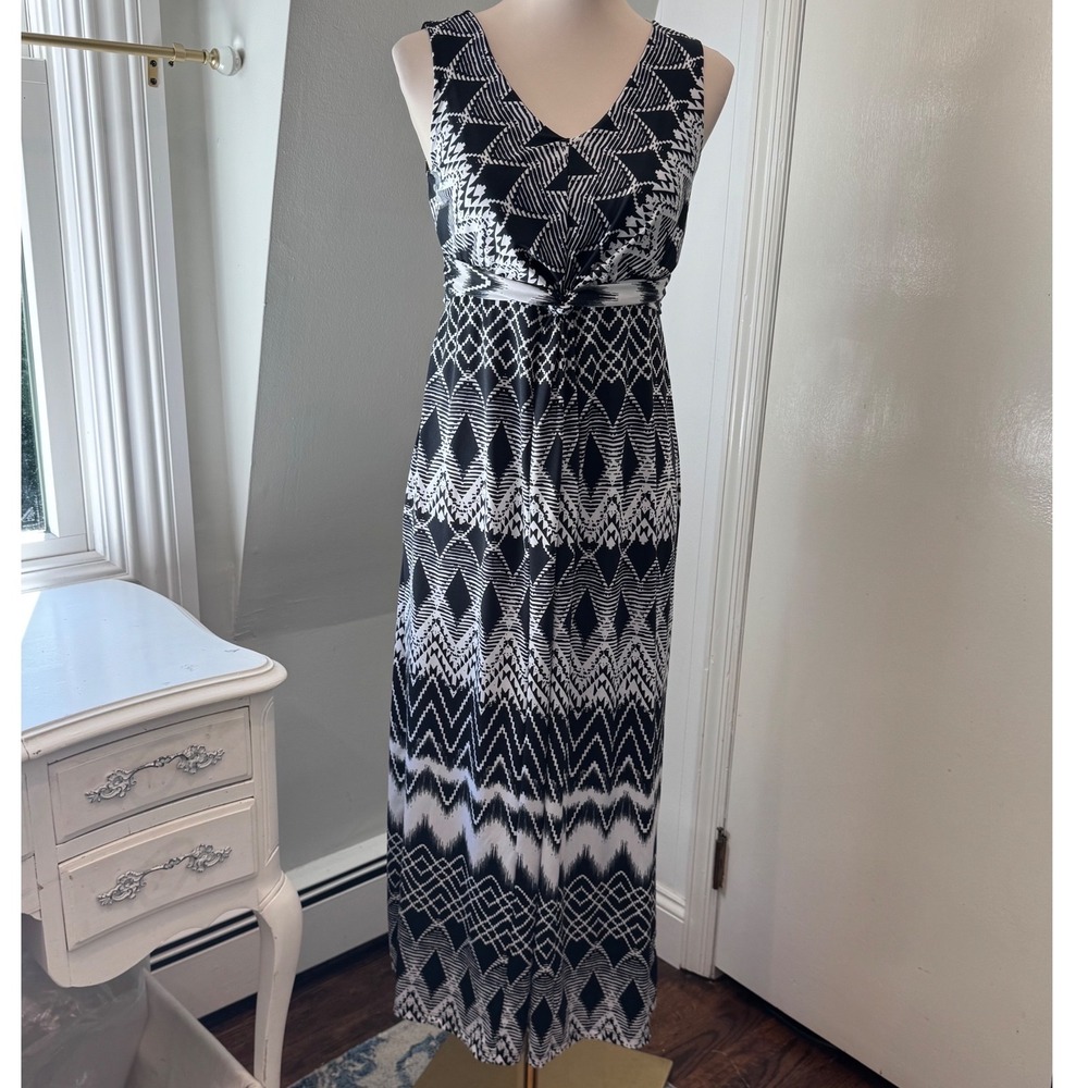 NY Collection Petite Black White‎ Ikat Geometric Maxi Dress Size PS